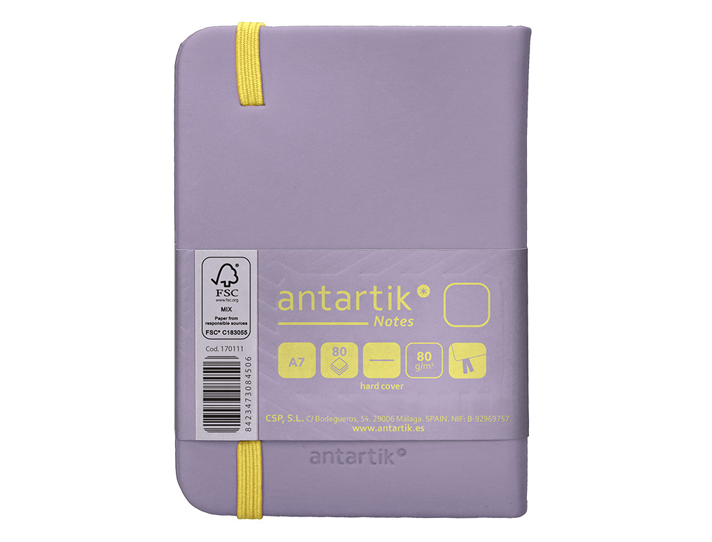 CARNET A7 ANTARTIK NOTES PAPIER UNI IVOIRE COUVERTURE RIGIDE FERMETURE ELASTIQUE JAUNE 80 PAGES 80GR COLORIS LILAS