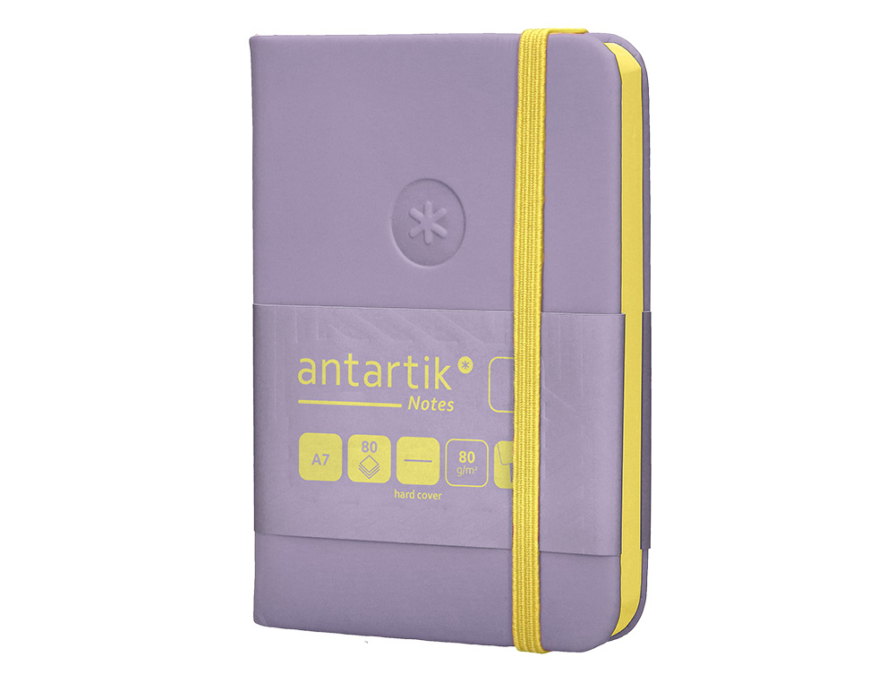 CARNET A7 ANTARTIK NOTES PAPIER UNI IVOIRE COUVERTURE RIGIDE FERMETURE ELASTIQUE JAUNE 80 PAGES 80GR COLORIS LILAS
