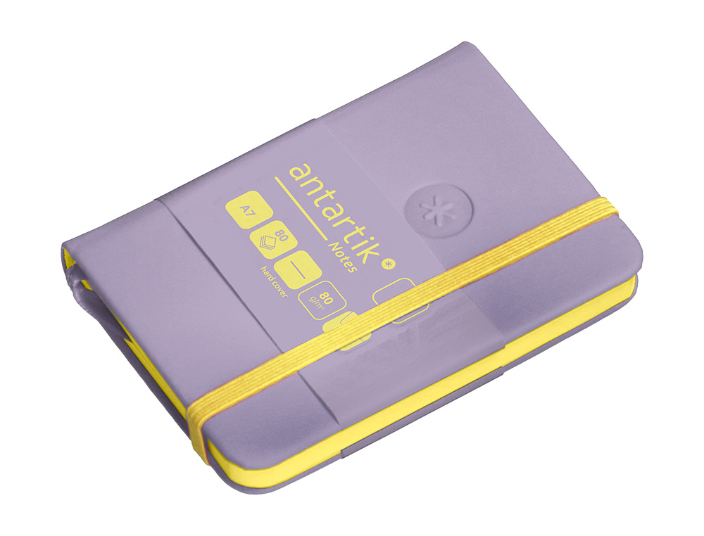CARNET A7 ANTARTIK NOTES PAPIER UNI IVOIRE COUVERTURE RIGIDE FERMETURE ELASTIQUE JAUNE 80 PAGES 80GR COLORIS LILAS