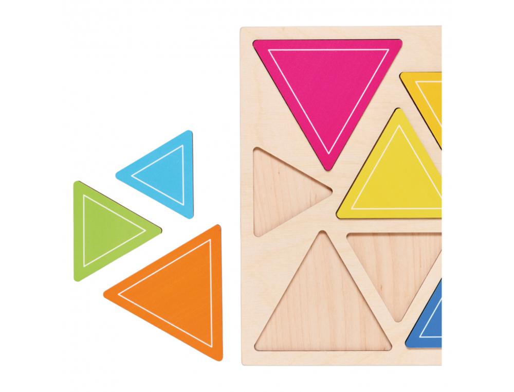 DECOUVERTE DES TAILLES TRIANGLES ROLF PUZZLES EN     RELIEF EN BOIS TRIANGLES      COLORES 10 PIECES ET 1
