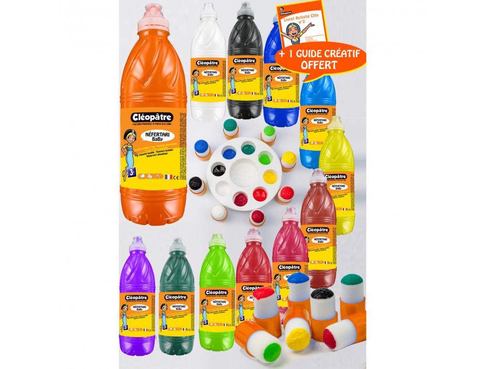 GOUACHE LIQUIDE CLEOPATRE NEFERTARI 1L + PALETTE + 8 PINCEAUX POCHOIRS ASSORTIMENT DE 12 UNITES