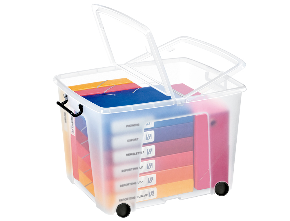 BOÎTE RANGEMENT CEP POLYPROPYLÈNE COUVERCLE PAPILLON 48X38X37CM 4 ROULETTES COLORIS TRANSPARENT CONTENANCE 75L