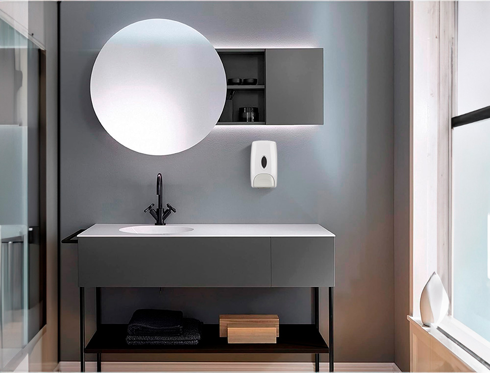 DISTRIBUTEUR SAVON Q-CONNECT MANUEL INDICATEUR NIVEAU 1000ML COLORIS BLANC/GRIS 235X135X95MM