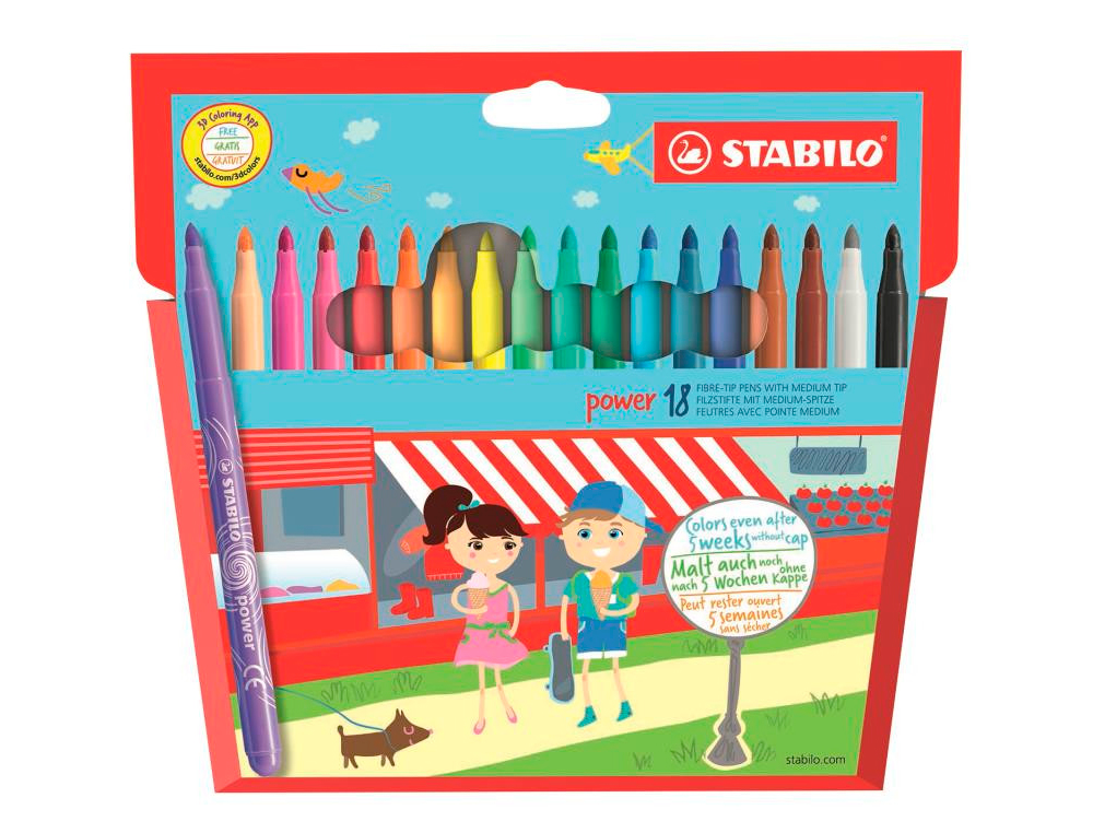 FEUTRE COLORIAGE STABILO POWER CAPUCHON VENTIL ENCRE LAVABLE POINTE MOYENNE NE SCHE PAS POCHETTE 18 UNITS
