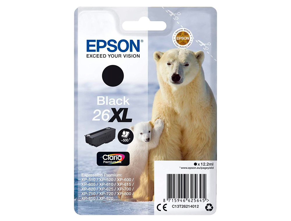 CARTOUCHE EPSON T2621 JET D'ENCRE C13T26214010 COULEUR NOIR PIGMENT HAUTE CAPACITÉ 500P