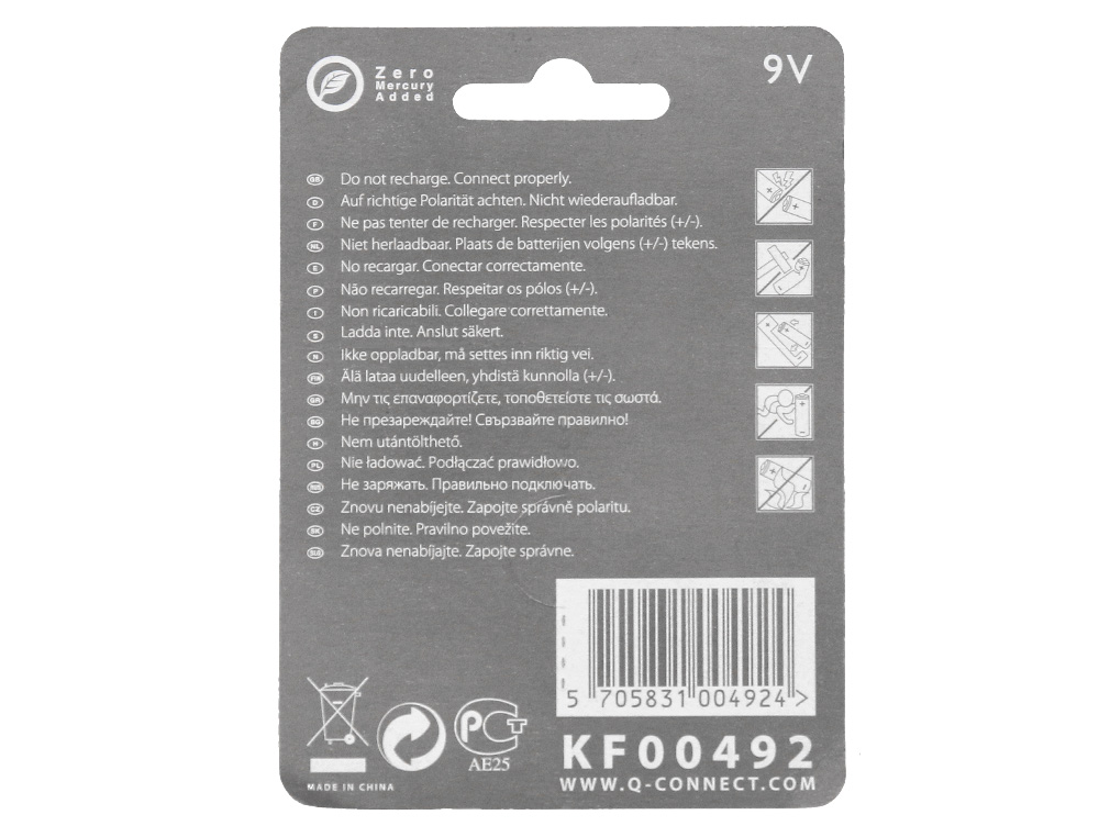 PILE Q-CONNECT ÉCONOMIQUE CAPACITÉ 9V I.C.E. 6LR61 TAILLE 9 V BLISTER 1 UNITÉ