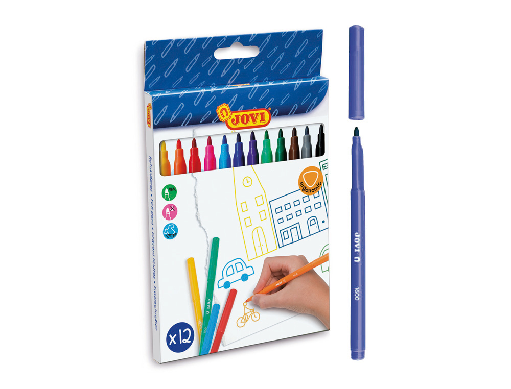 FEUTRE COLORIAGE JOVI LAVABLE CAPUCHON SÉCURITÉ VENTILÉ POINTE SOLIDE 3MM 2 FORMATS FINE/MAXI POCHETTE 12 UNITÉS