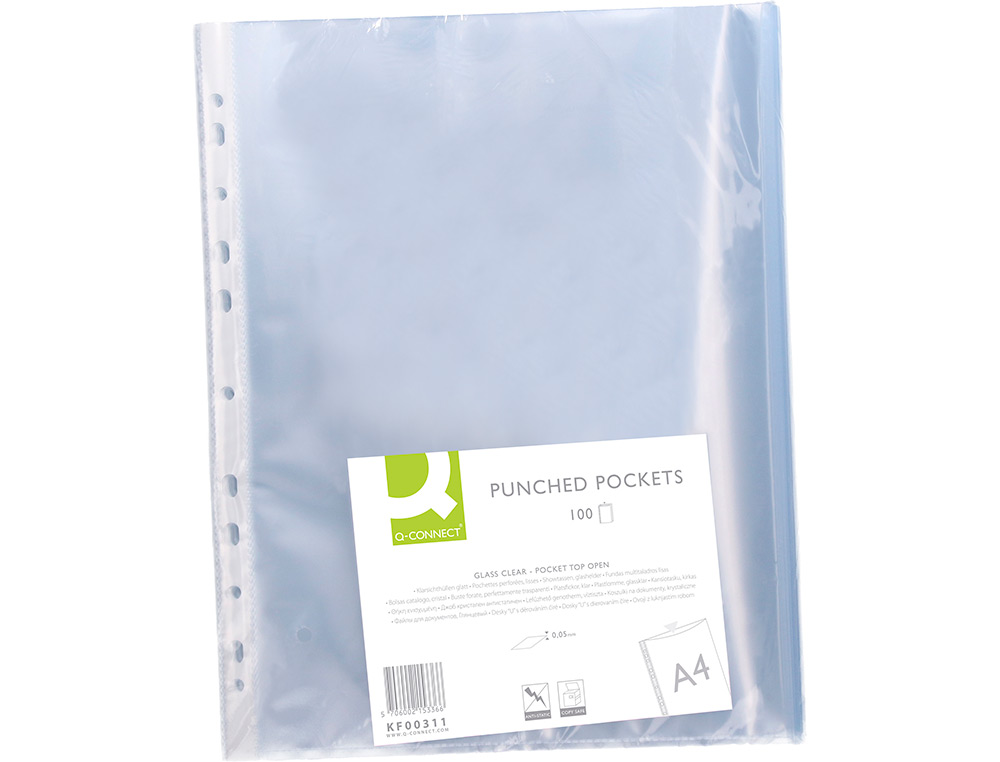 POCHETTE Q-CONNECT POLYPROYLÈNE LISSE 5/100E PERFORÉE CRISTAL ANTISTATIQUE A4 210X297MM SACHET 100 UNITÉS