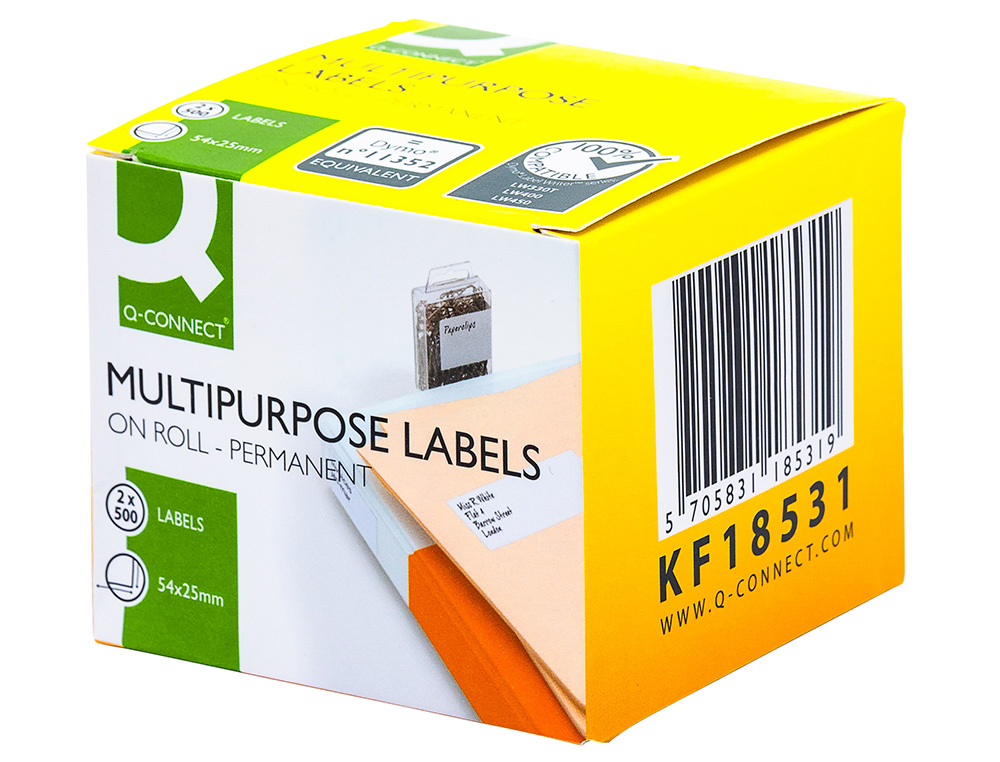 ÉTIQUETTE ADHÉSIVE Q-CONNECT 54X25MM COMPATIBLE DYMO 11352 PERMANENTE BOÎTE 500 UNITÉS