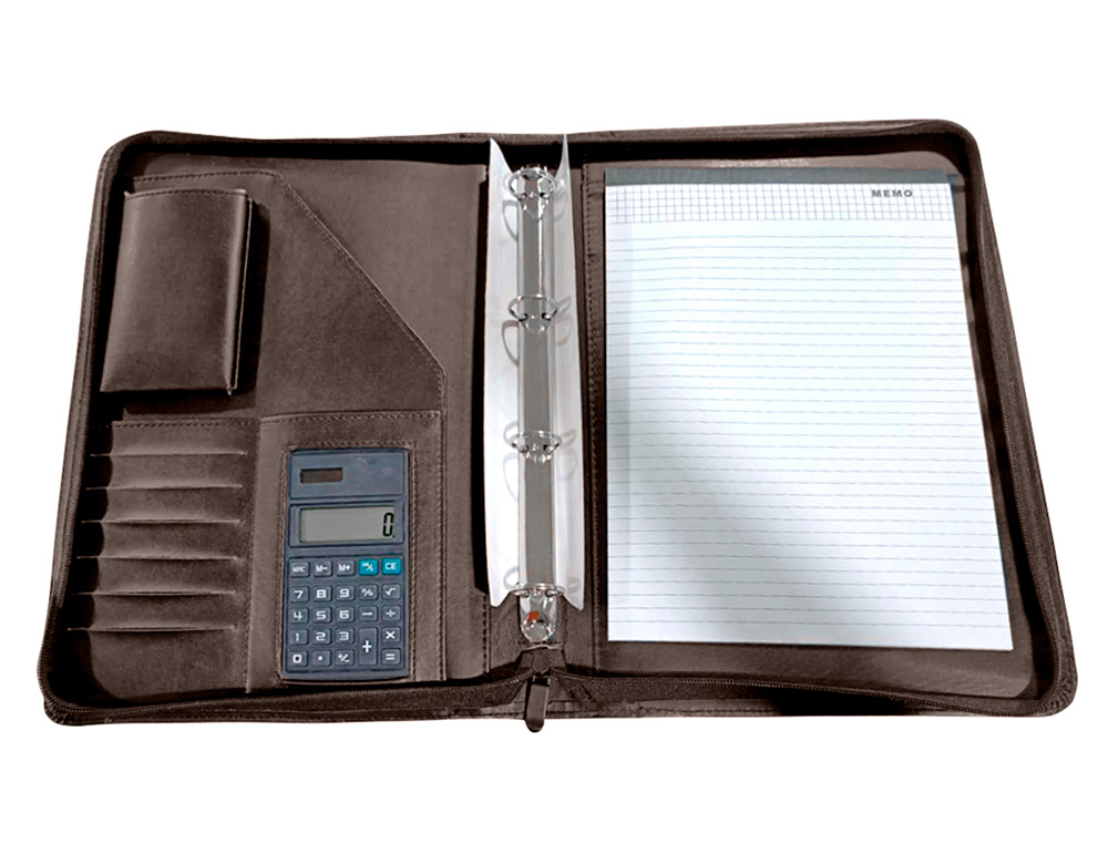 CONFÉRENCIER A4 CALCULATRICE PLASTIQUE FERMETURE ÉCLAIR POCHETTE TÉLÉPHONE PORTABLE 4 ANNEAUX 40MM 35,5X26X1CM MARRON