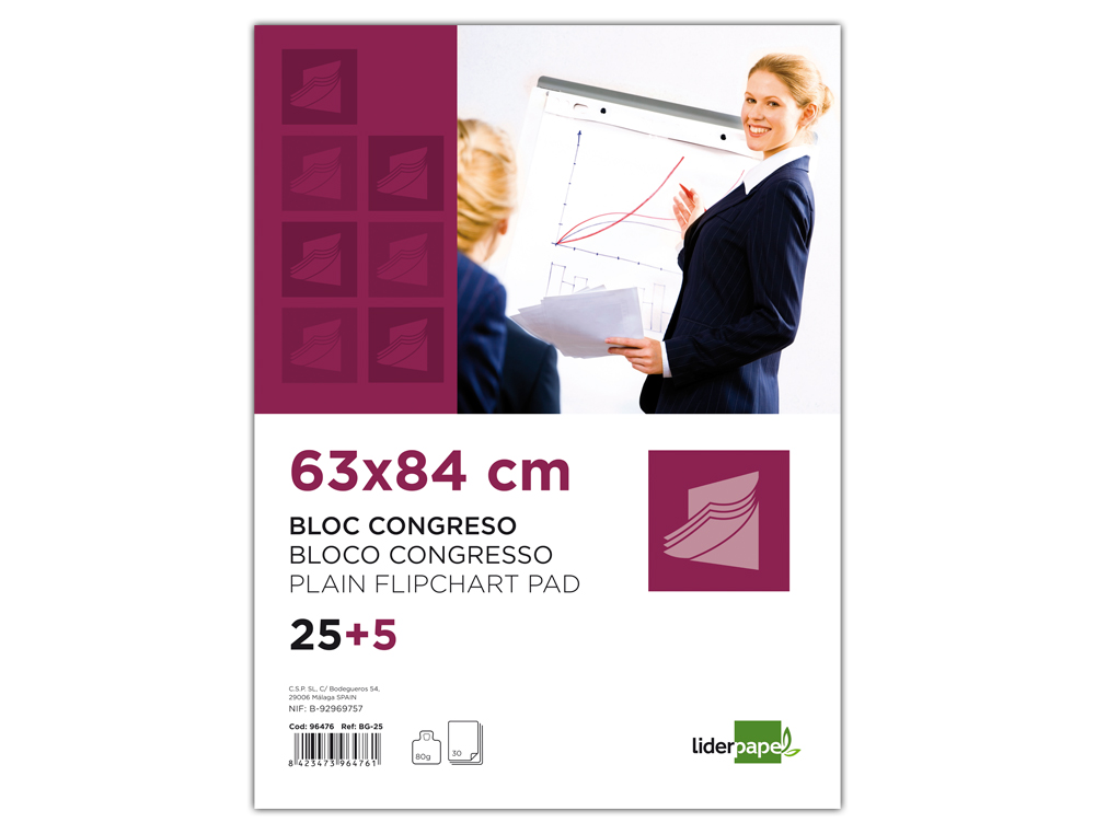 BLOC CONFÉRENCE LIDERPAPEL 63X84CM PAPIER UNI 80G/M2 CONVENTIONS RÉUNIONS 25F + 5F GRATUITES