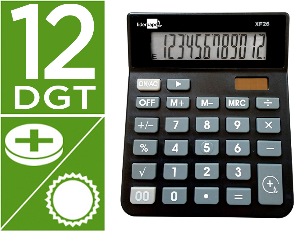 CALCULATRICE DE BUREAU LIDERPAPEL XF26 12 CHIFFRES   SOLAIRE ET PILES 127X105X24   MM COLORIS NOIR