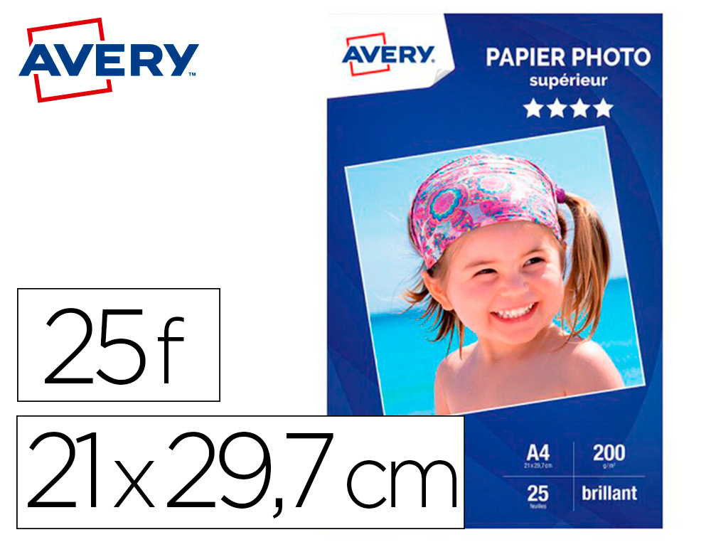 PAPIER PHOTO AVERY BRILLANT 200G A4 PAQUET DE 25 FEUILLES
