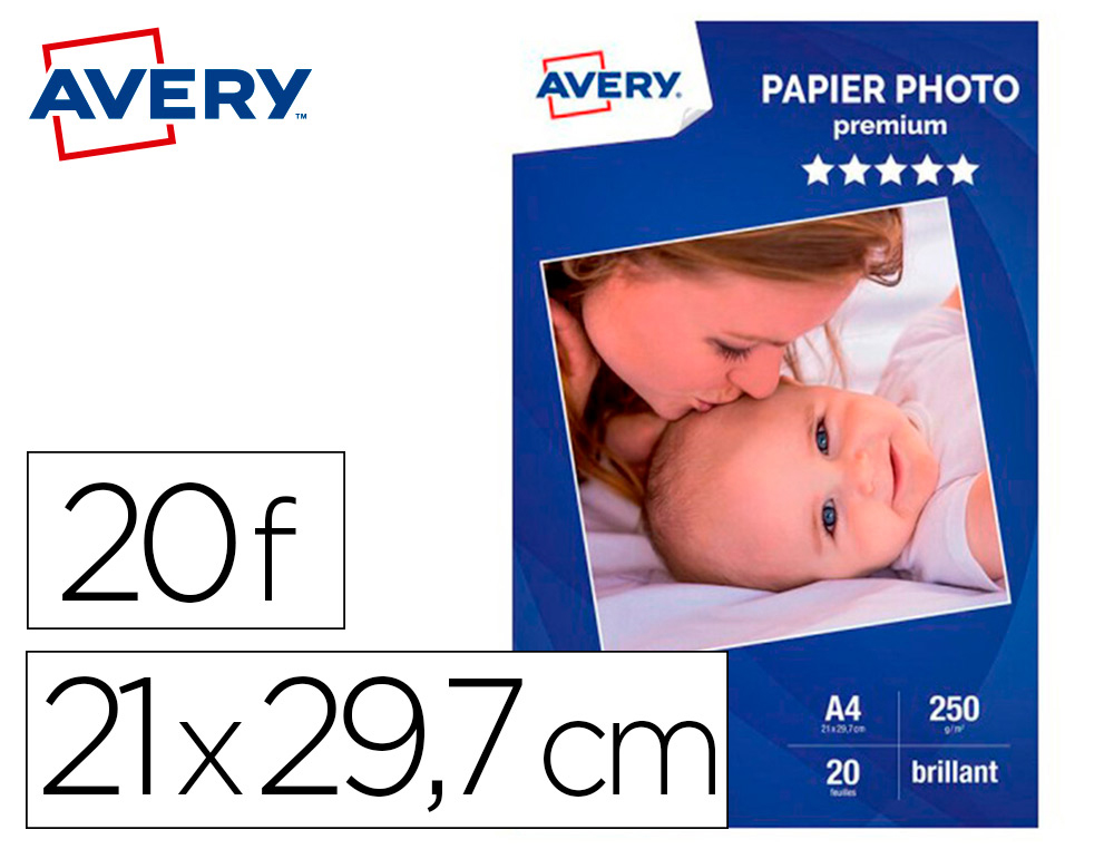PAPIER PHOTO AVERY BRILLANT 250G A4 PAQUET DE 20 FEUILLES