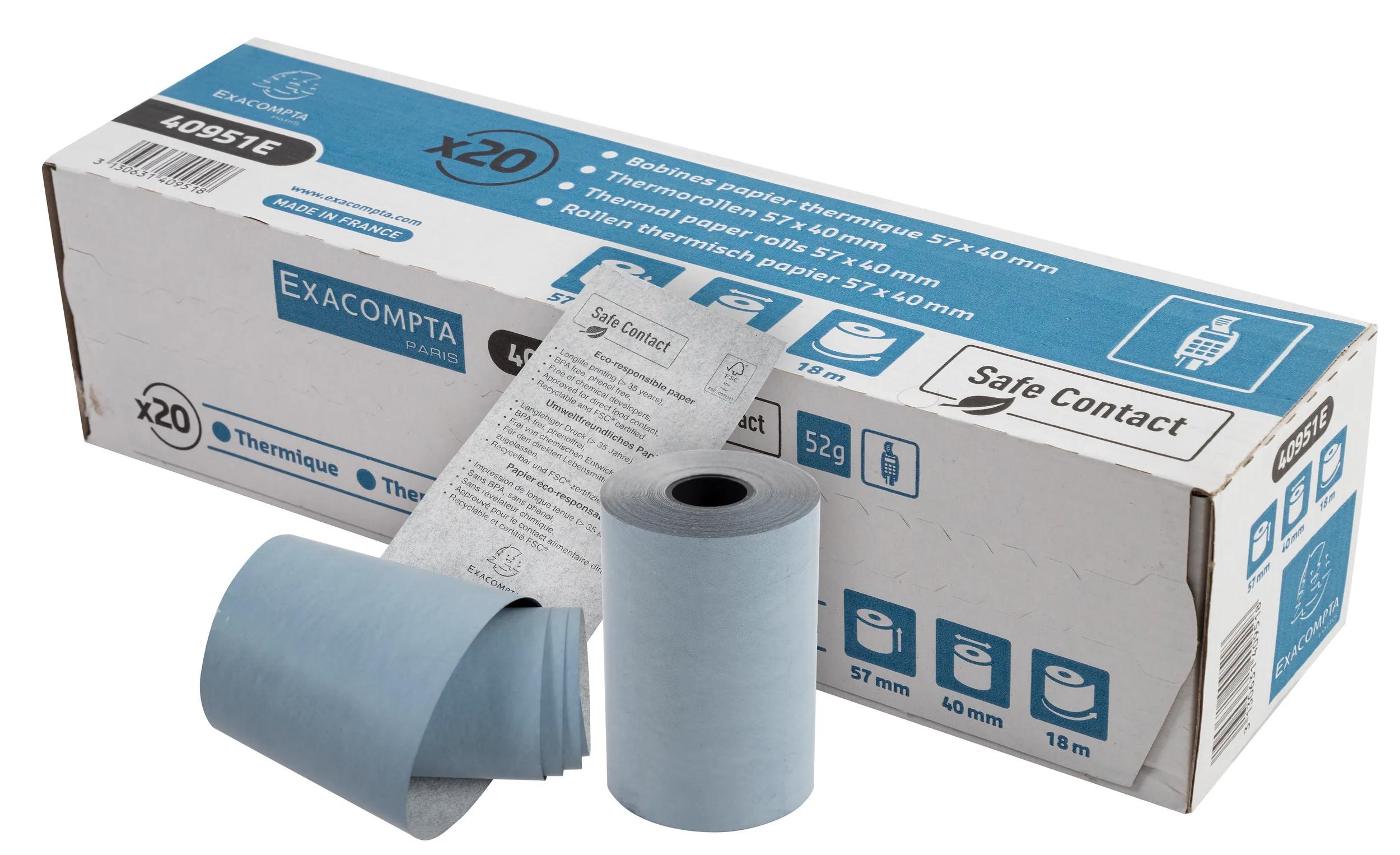 BOBINE THERMIQUE EXACOMPTA EXABLUE TPE 57X40MM 55G LONG. 18M IMPRESSION VERSO TRES LONGUE CONSERVATION BOITE 20 UNITES
