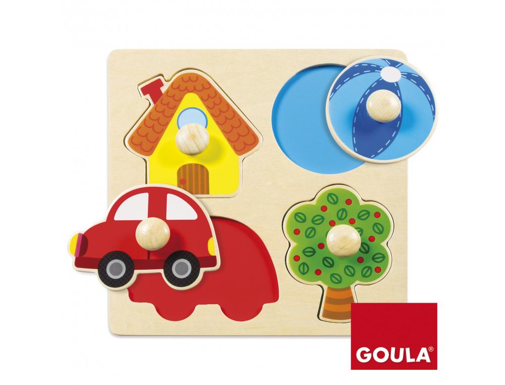 PUZZLE FORMES GOULA ENCASTREMENT EN BOIS 4 PIECES A REPOSITIONNER SUR LE SOCLE  22X22X3 CM