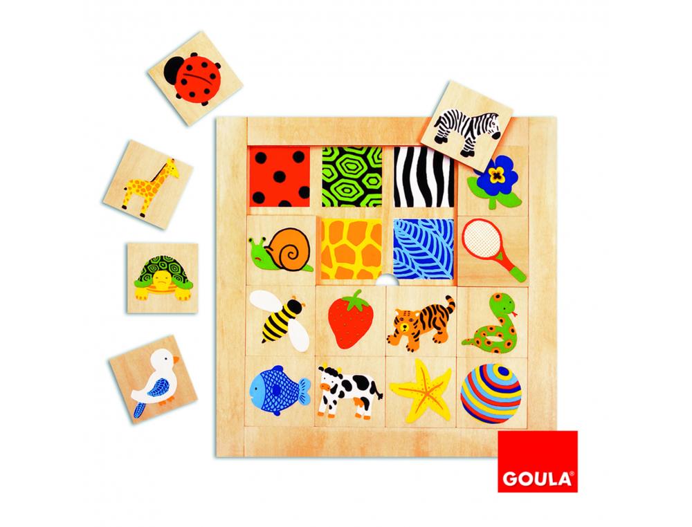 PUZZLE TEXTURES GOULA EN BOIS AVEC CADRE ANIMAUX 16 PIECES  1 CADRE EN BOIS AVEC IMPRIME