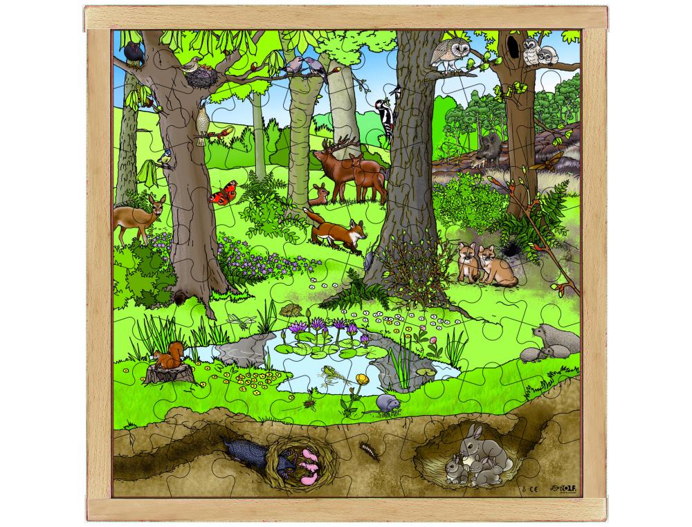 PUZZLES EN BOIS AVEC CADRE ROLF LA FORET PRINTEMPS ETE   FAUNE ET LA FLORE 64 PIECES   ET 1 CADRE BOIS