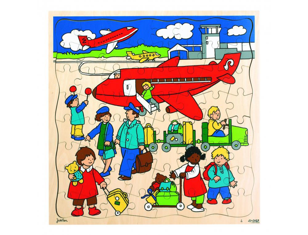 PUZZLES EN BOIS AVEC CADRE ROLF LES TRANSPORTS L         AEROPORT 64 PIECES
