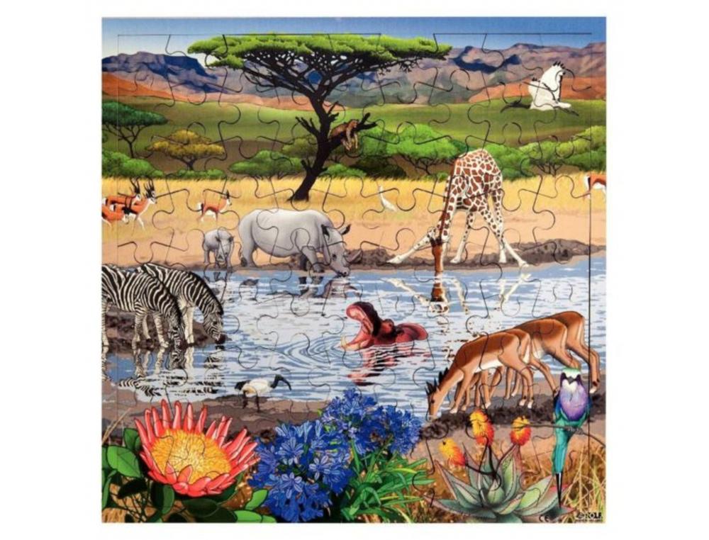 PUZZLES EN BOIS AVEC CADRE ROLF LE POINT D EAU DE LA     SAVANE 81 PIECES