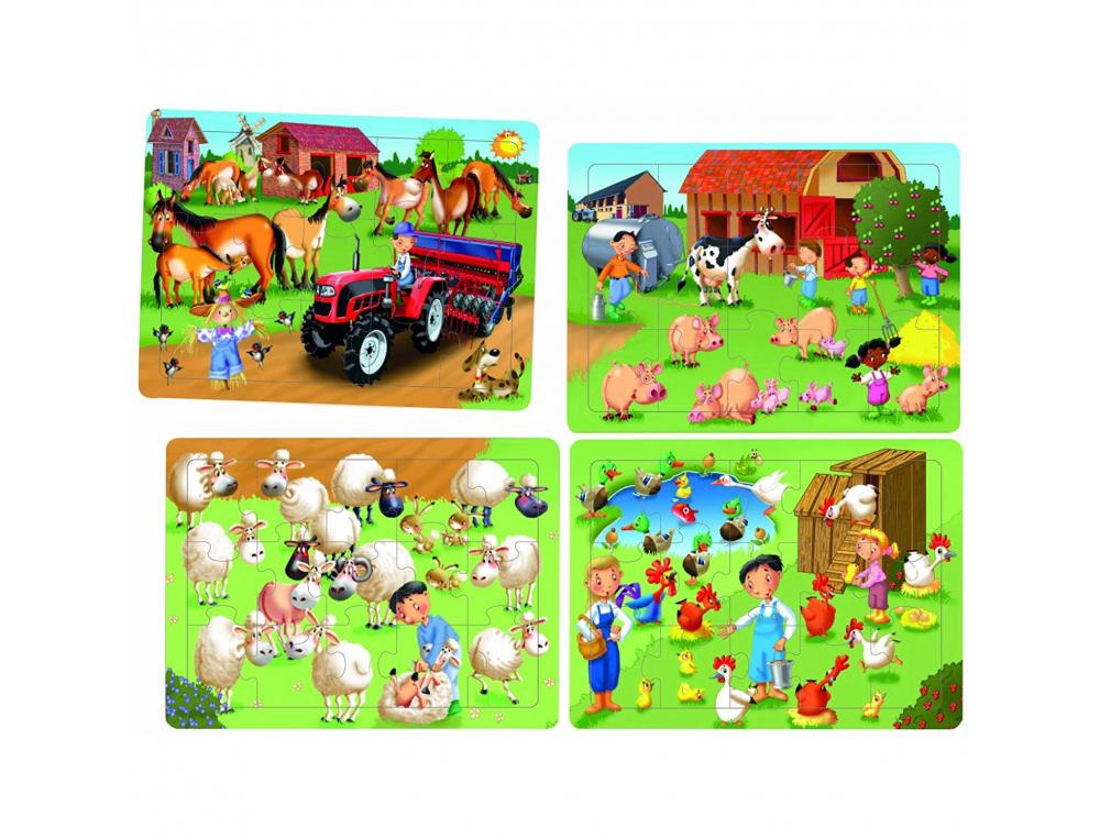PUZZLES AKROS LA FERME 4 PUZZLES DE 15 PIECES POUR     FORMER UN GEANT MATIERE       SOUPLE 33X24 CM