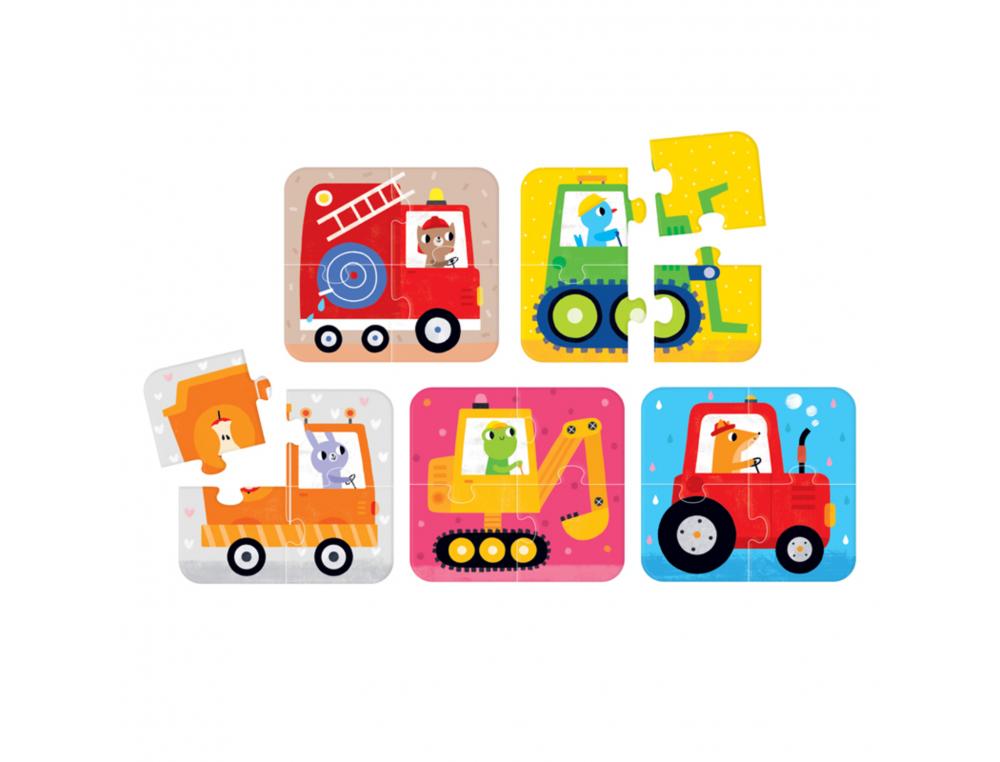 PUZZLES CARTON JUSQU A 12 PIECES BANANA PANDA LES       VEHICULES 5 PUZZLES DE 4      PIECES