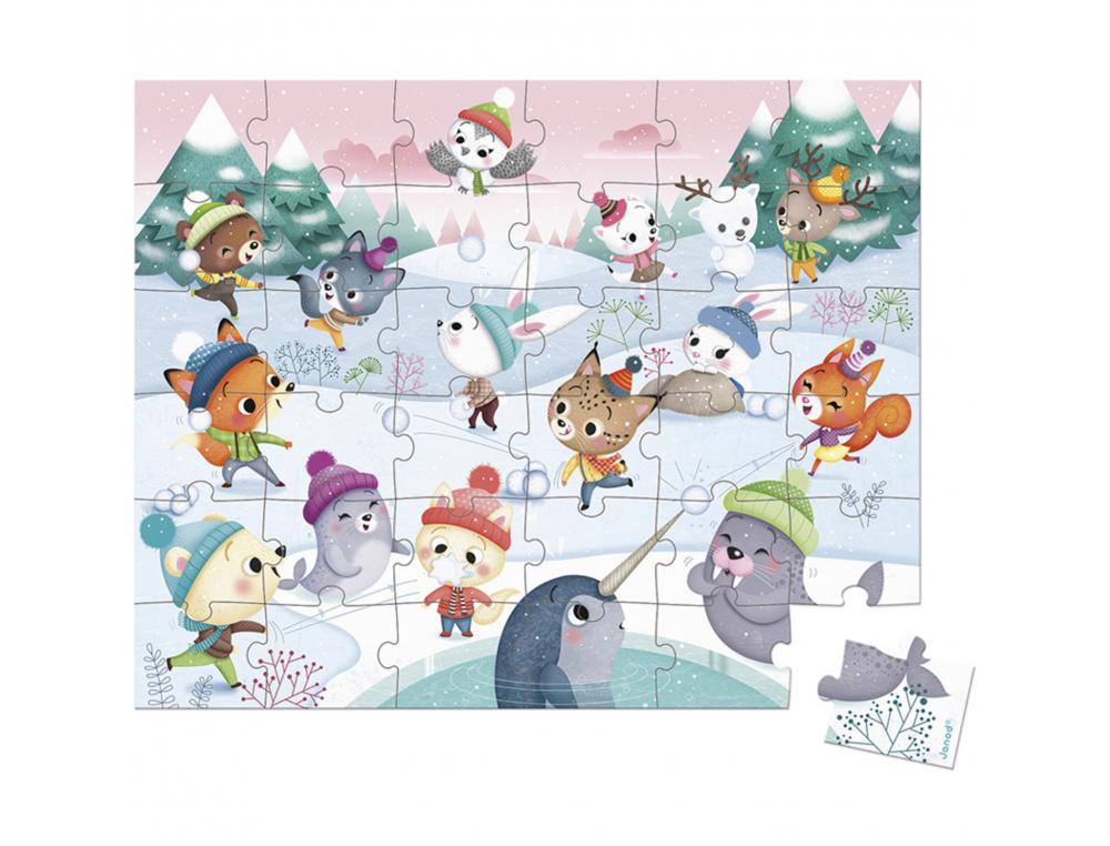 PUZZLES CARTON 30 A 40 PIECES JANOD LA BATAILLE DE BOULES   DE NEIGE 36 PIECES ET 1       POSTER MODELE
