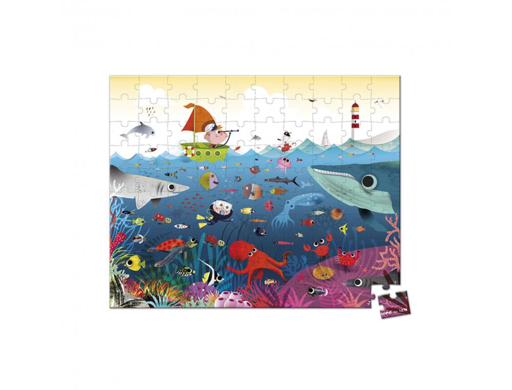 PUZZLES CARTON 100 PIECES JANOD LE MONDE SOUS MARIN     100 PIECES ET 1 POSTER MODELE
