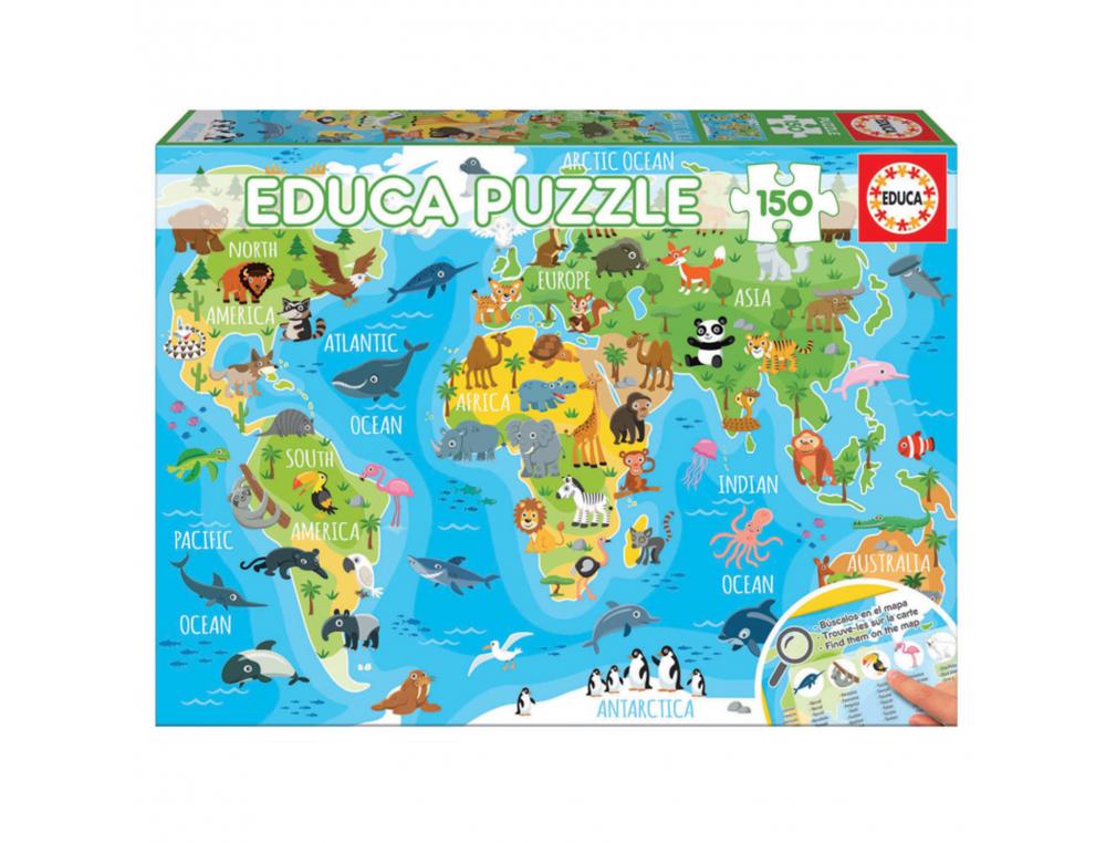 PUZZLES CARTES DU MONDE EDUCA CARTE DU MONDE DES ANIMAUX    150 PIECES 1 PLANCHE          ILLUSTREE