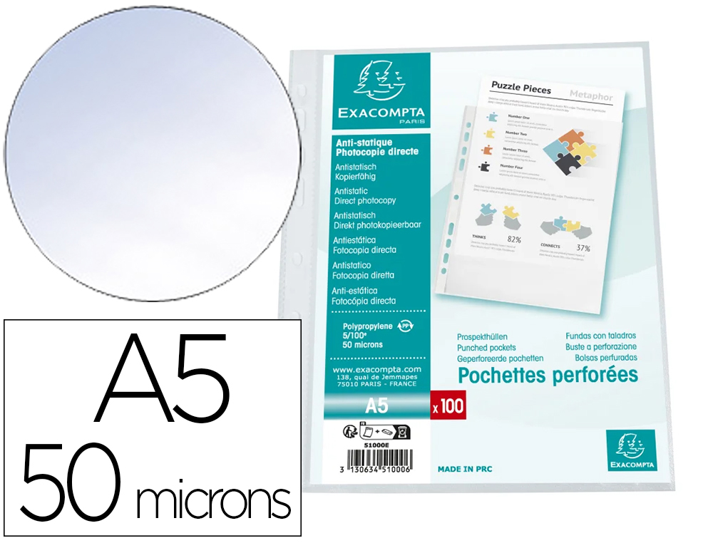 POCHETTES EXACOMPTA PERFOREES FORMAT ECOLIER A5 PP GRAINE 7 TROUS 50 MICRONS 16X21 CM LOT DE 100 UNITES
